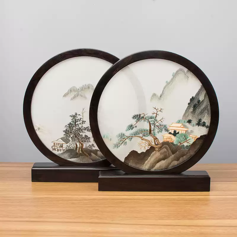 苏州双面绣桌面摆件创意中国风台屏真丝画心装饰复古刺绣摆饰商务礼品