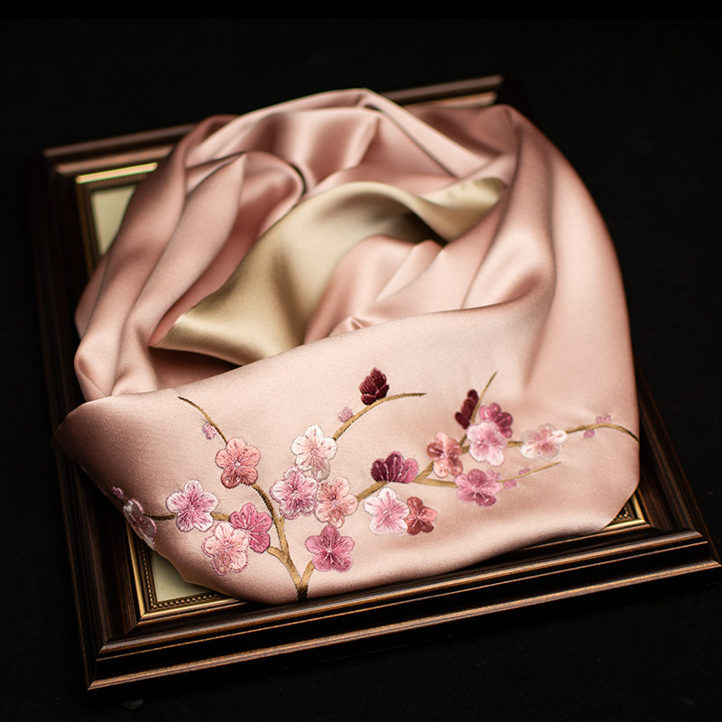 Real silk embroidery scarf lengthened Su embroidered mulberry silk scarf Spring and autumn Suzhou embroidered beauty embroidered with flower surrounding neck qipao with special gifts