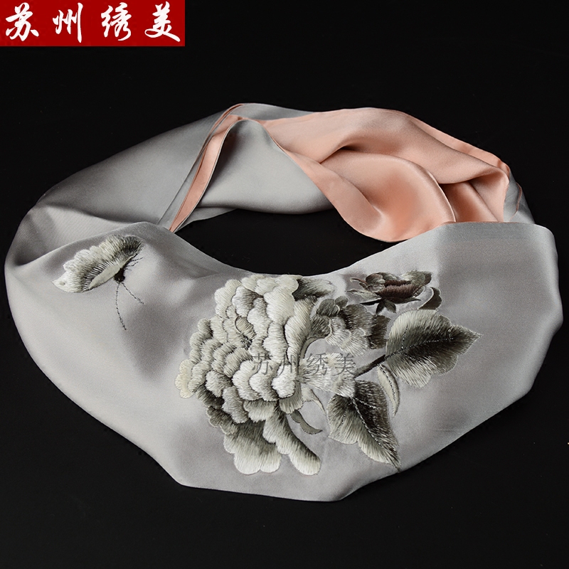 Su embroidered silk scarf Silk scarf autumn female long version embroidery national style hand embroidery features abroad gifts