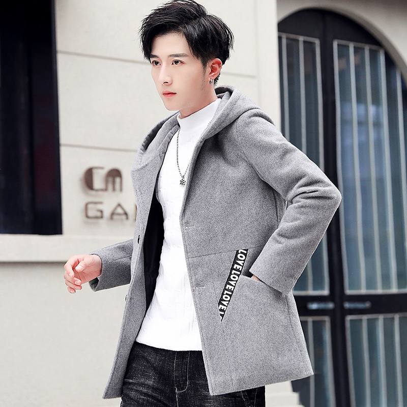 Autumn and winter windbreaker men's medium and long version of slim Korean trend handsome youth leisure British wind wool coat coat coat