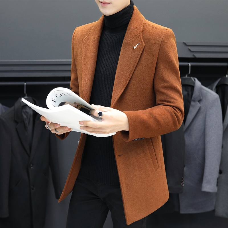 Autumn and winter windbreaker men's medium and long version slim Korean youth casual English style padded wool woolen coat coat coat