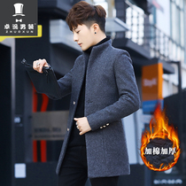 Winter mens Korean version of cotton padded medium-length stand-collar woolen suit mens business casual woolen suit jacket