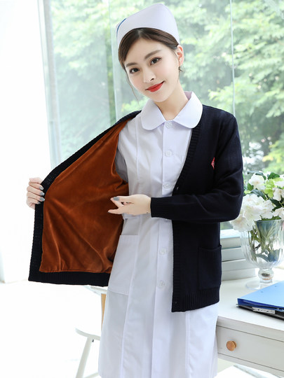 Krankenschwesterpullover Damenpullover Krankenschwesteruniform Strickjacke für medizinisches Personal Samtverdickter Mantel Oberbekleidung Marineblau Krankenhaus