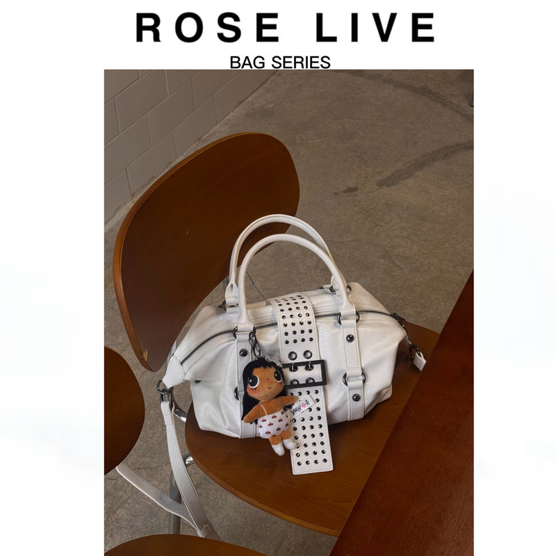 Rose Live 2026 Autumn New Studded Boston Bag Women's Motorcycle Style Crossbody Commuter Handbag Dumpling Bag