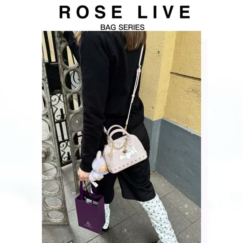 Rose Live2026 Autumn New Niche Design Pink Patent Leather Studded Versatile Shell Bag Single Shoulder Crossbody Bag Rose Live2026 Autumn New Niche Design Pink Patent Leather Studded Versatile Shell Bag Single Shoulder Crossbody Bag