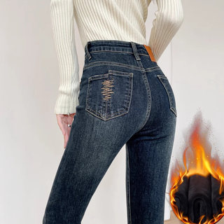 Fleece-Lined Blue High-Waisted Women's Jeans, 2025 Autumn and Winter New Style, Stretchy, Slim-Fit, Cropped Pencil Pants