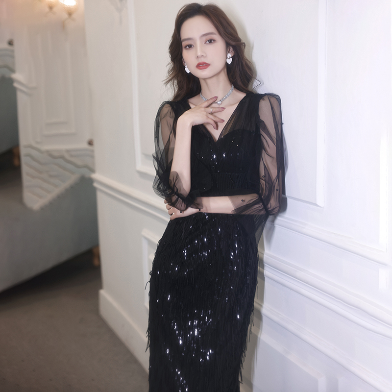 Black Evening Gown for Women 2026 New Style Fishtail Banquet Elegant Light Luxury Niche High-End Socialite Premium Texture