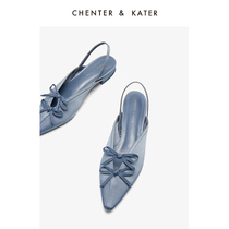 Small CK2022 Summer new single shoe butterfly knot Coarse heel Mueller shoes Fashion satin V mouth sandal flat bottom shoes