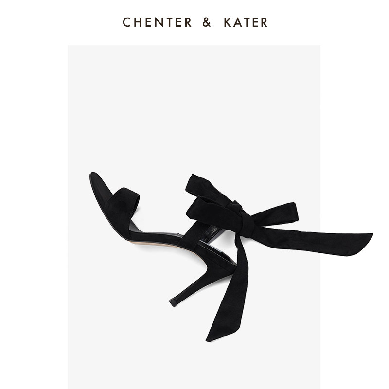 Little ck black stiletto heel women's shoes word with suede bow lace-up temperament celebrity with skirt high heels sandals