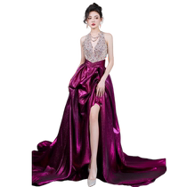 High-end halterneck evening dress for women rose red Qianjinfeng heavy industry beading bride toasting dress host niche luxury