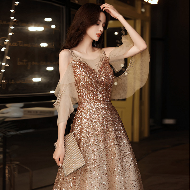 Golden evening dress female 2021 new high-end elegant banquet socialite temperament annual meeting host dress