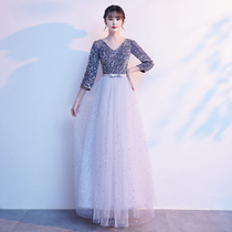 Sequin chorus performance Women patriotic clothing conductor recitation summer host banquet evening dress