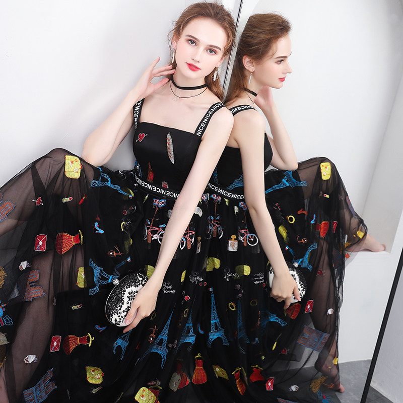 Sling evening dress skirt female high-end sexy temperament ladies 2022 new noble banquet black dress long version