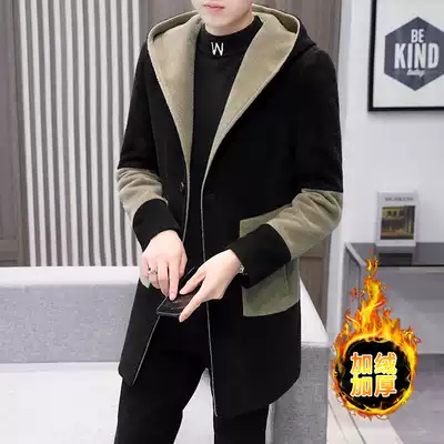 Winter woolen coat men's long version Korean handsome mink velvet plus velvet thick trench coat men's hooded coat tide