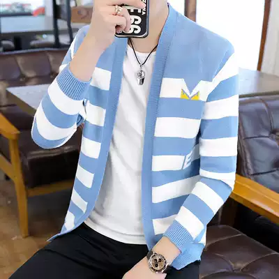 Spring and autumn men's coat 2021 New striped windbreaker men's short Korean trend handsome knitted cardigan sweater