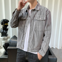 2021 new spring mens jacket Korean version of the trend striped corduroy frock coat mens ruffian handsome top clothes