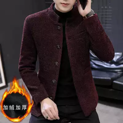 Winter woolen coat men's short Korean version of the trend woolen jacket plus velvet thickened handsome stand collar men's small windbreaker