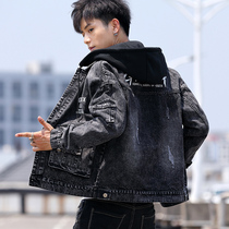 2021 new spring hooded denim jacket mens Korean version of the trend ins tide brand tooling jacket mens clothes