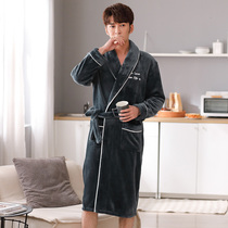 Mens pajamas Autumn and winter thickened plus velvet coral velvet bathrobe one-piece long plus size flannel nightgown winter