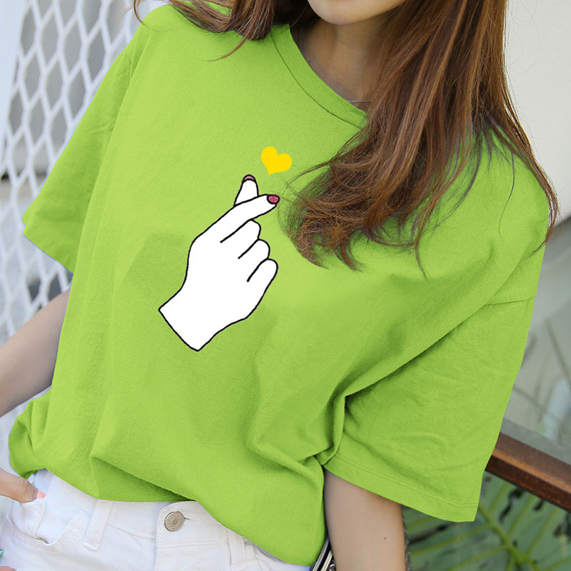 Pure Cotton Bull oil Fruit Green T-shirt Female short sleeves 2022 Summer new fruit green than heart-printed blouses