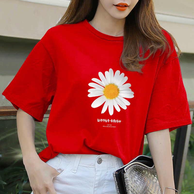 Rough cotton t shirt short sleeve 2022 new small fresh daisies half - sleeve summer dress loose round tide tops