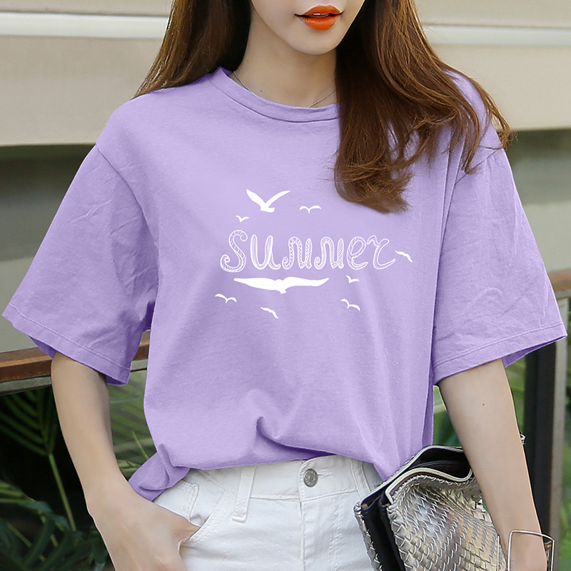 Short sleeve t shirt 2022 new light purple cotton collar half sleeve shirt letter printing loose student tide