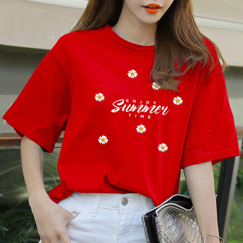 Small fresh daisies printed t shirts cotton short sleeve collar dress 2022 new loose and large - sized shirt