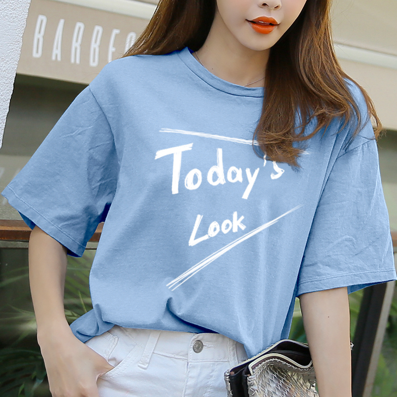 Short sleeve women 2020 new summer loose cotton half sleeve jacket Korean version of careful machine T-shirt women minority light blue