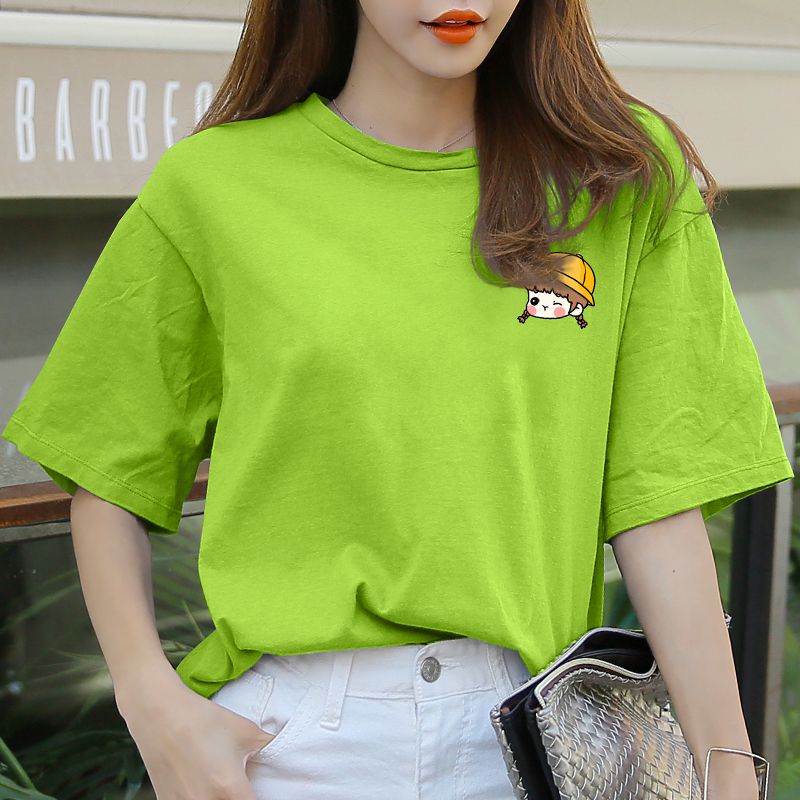 Cartoon printed round collar T-shirt woman short sleeve 2022 new Korean version loose fruit green blouse student 100 hitch