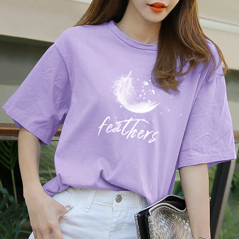 Pure cotton t-shirt women's short-sleeved 2022 new round neck feather letter printing t-shirt student loose light purple top