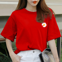 Little daisy print cotton T-shirt womens red loose round neck shirt 2020 new summer simple versatile tide