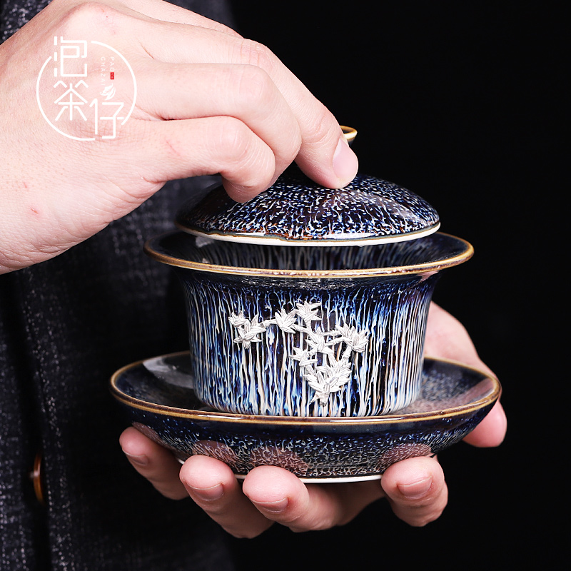 Tea seed built light silver checking ceramic three tureen kung fu Tea sets a single Tea bowl cups