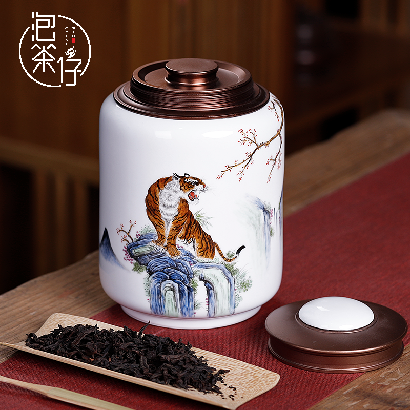 Jingdezhen Chinese hand - made tiger pu 'er tea pot ceramic seal home half jins of large storage POTS