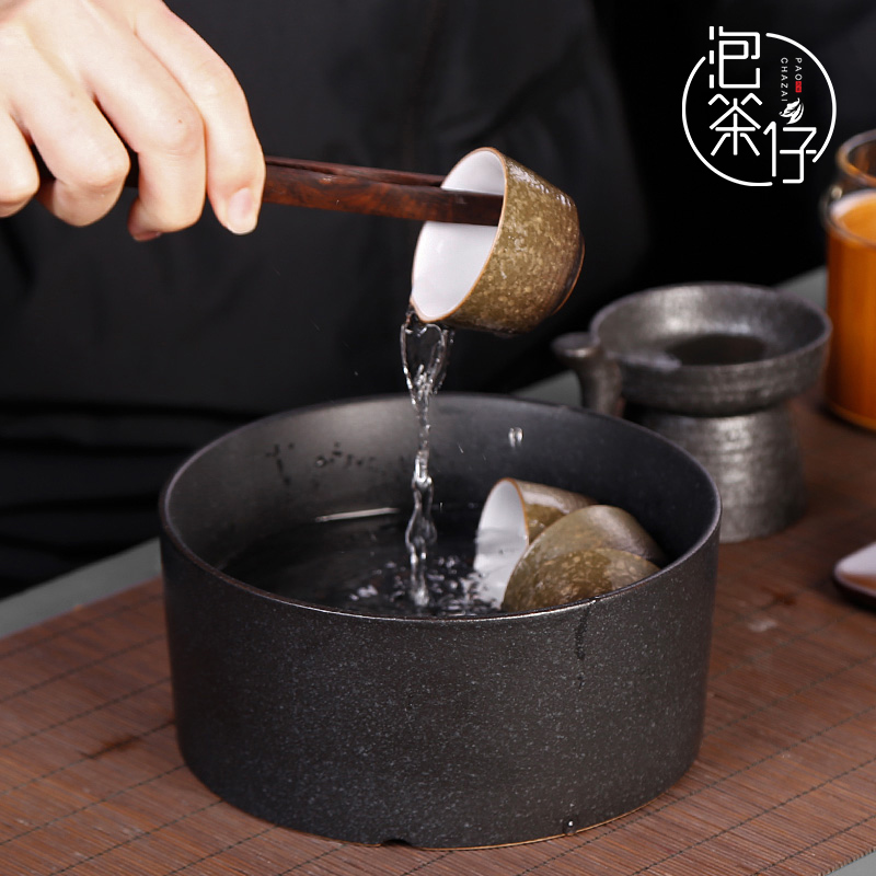 Tea seed Japanese black pottery water jar coarse pottery Tea to wash large ceramic kung fu Tea cups to wash to writing brush washer parts dross barrels