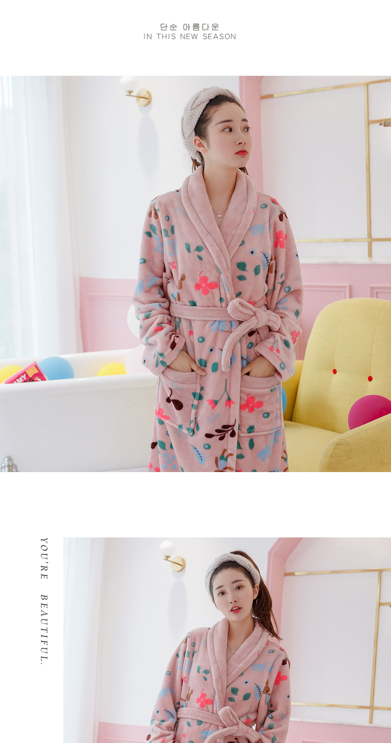 Áo choàng cotton flannel váy ngủ nữ mùa thu và mùa đông dễ thương áo choàng lông cừu san hô dày mùa đông nữ áo choàng dài đoạn áo ngủ đôi nam nữ