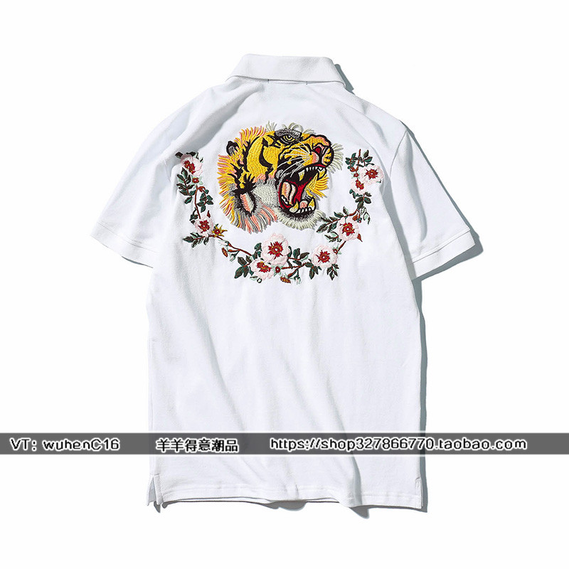 18 mùa hè mới châu Âu và Mỹ thương hiệu thêu hoa hổ đầu ve áo polo áo cotton đôi mẫu áo thun nam ngắn tay áo thun có cổ