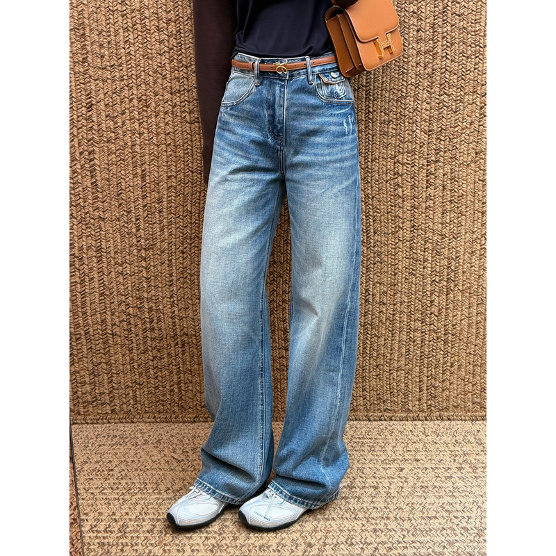 Fall Pocket Design Light Blue Wide-Leg Jeans Mid-Rise Floor-Length Straight Pants Non-Stretch