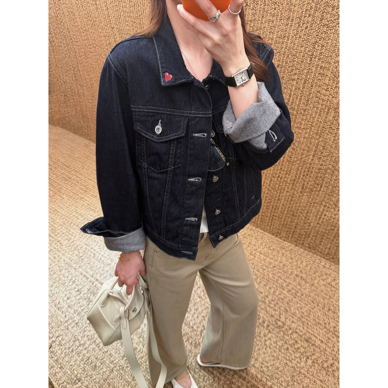 Heart-Shaped Denim Jacket, Autumn Dark Blue Washed Vintage Jacket