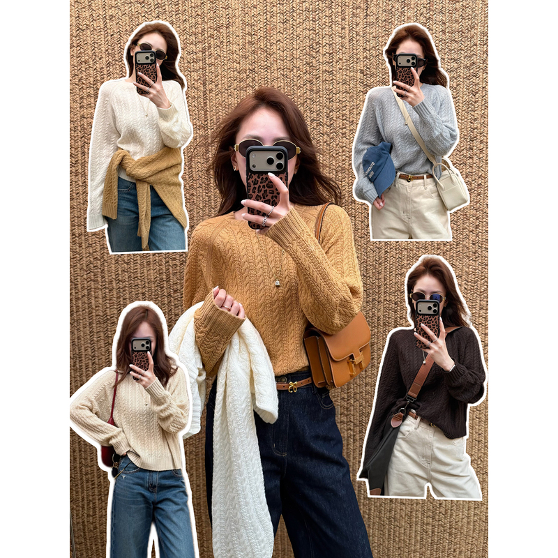 Twist Round-Neck Sweater 100% Sheep Wool Autumn and Winter Raglan Sleeve Vertical Stripe Knit Loose Top for Women