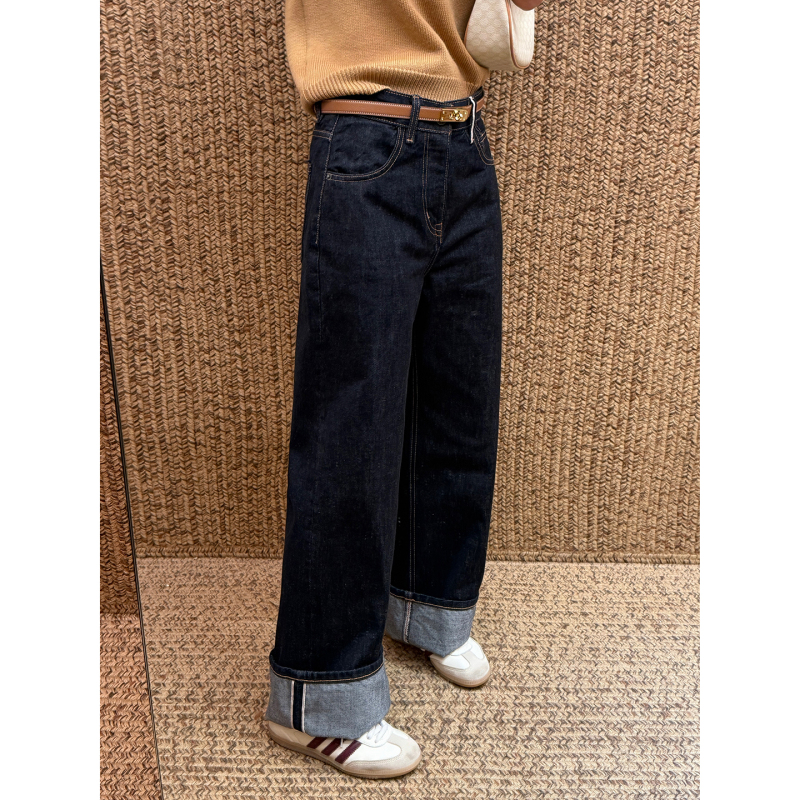 Red-Edged Wide-Leg Pants with French-Style Back Waist Buckle Design, Autumn Cuffed Pants, Vintage Straight-Leg Jeans, Non-Stretch