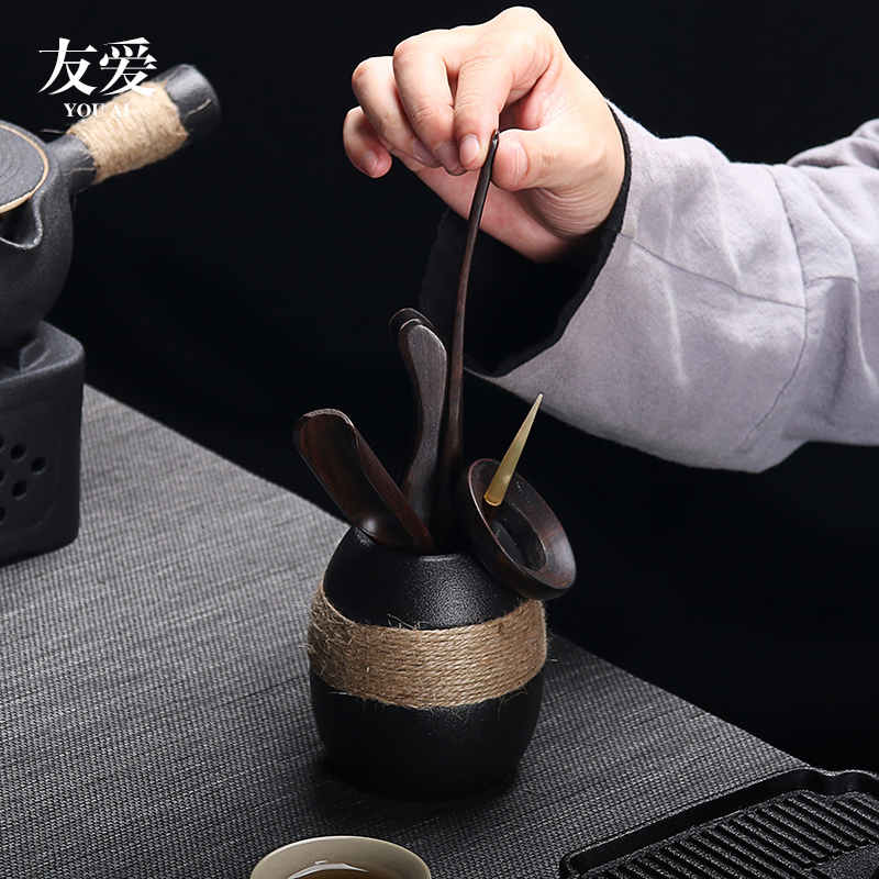 Love and coarse pottery six gentleman 's suit ceramic kung fu tea set with parts Japanese tea taking ChaGa bamboo tea spoon ChaZhen