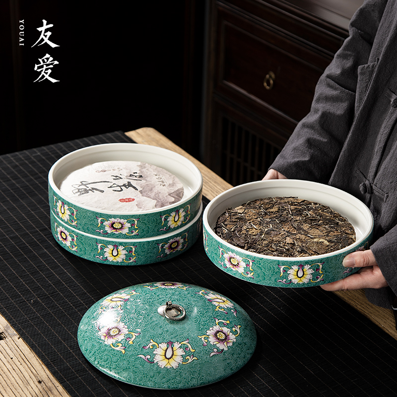Love Chinese lacquer colored enamel porcelain pu 'er tea cake can large seven jar of tea tea cake boxes multilayer storage warehouse