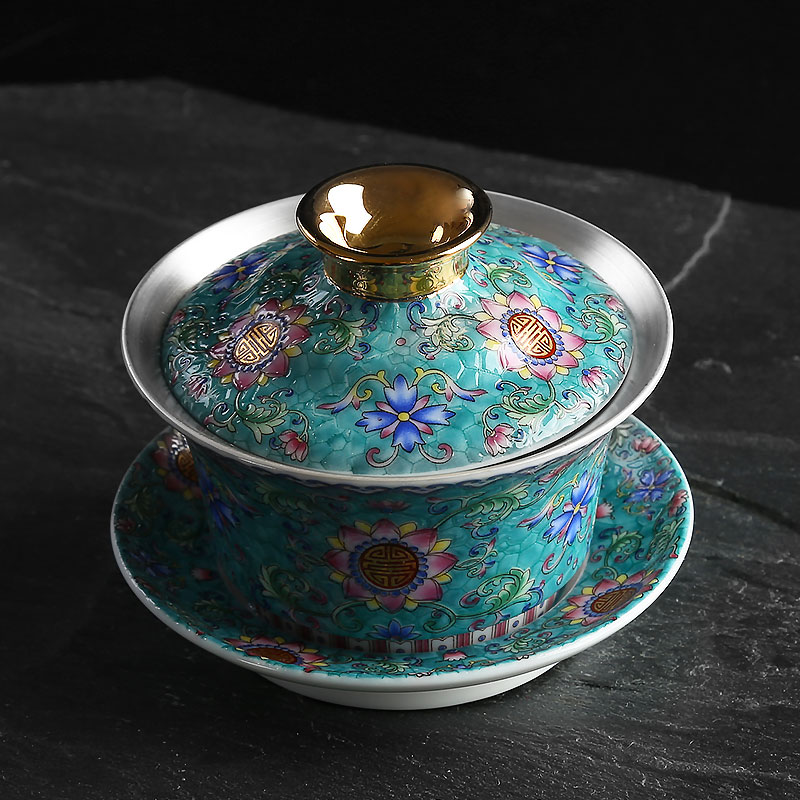 Jingdezhen ceramic Gilt silver Gaiwan 999 sterling silver Gongfu tea set Tea bowl Grilled flower tea painted gold Sancai tea cup