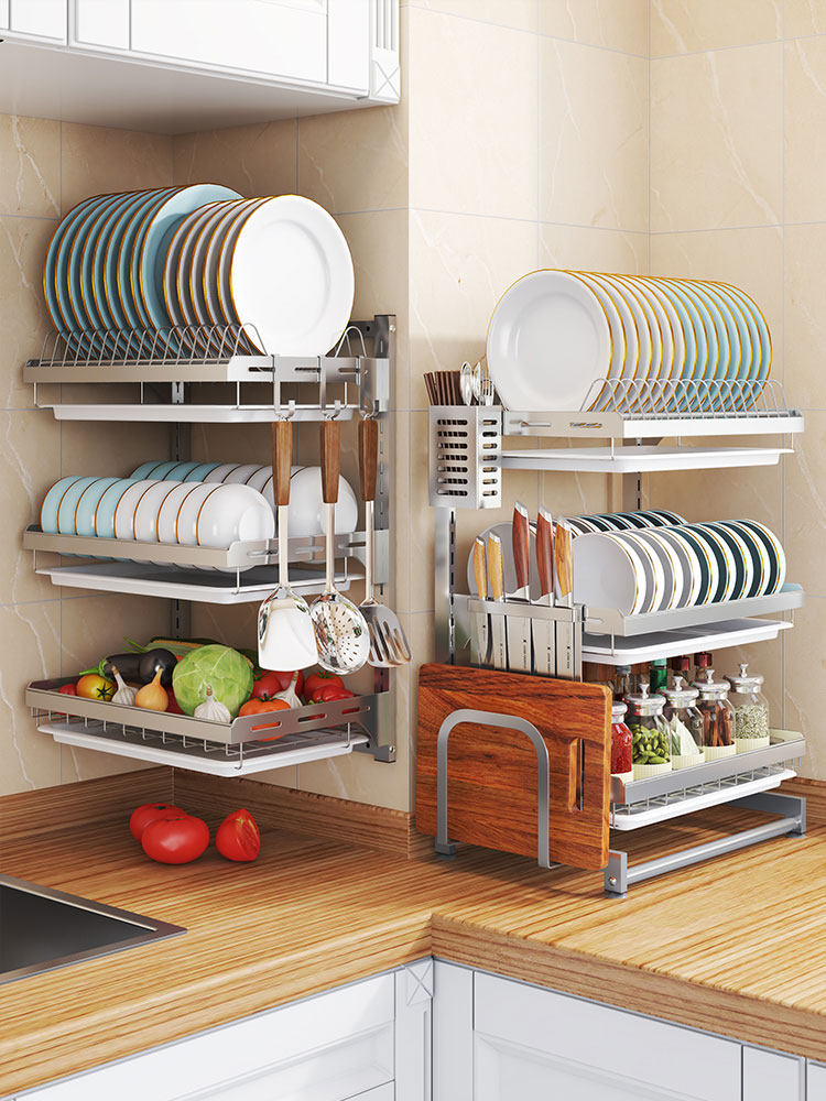 Stainless steel kitchen shelf Wall-mounted non-perforated wall storage bowl rack Seasoning bowl drain rack Multi-function