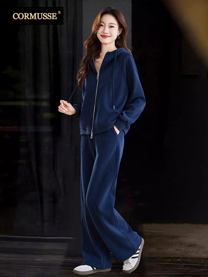 Cormusse fashionable hooded cardigan sweatshirt suit for women 2025 autumn and winter new casual loose two-piece set