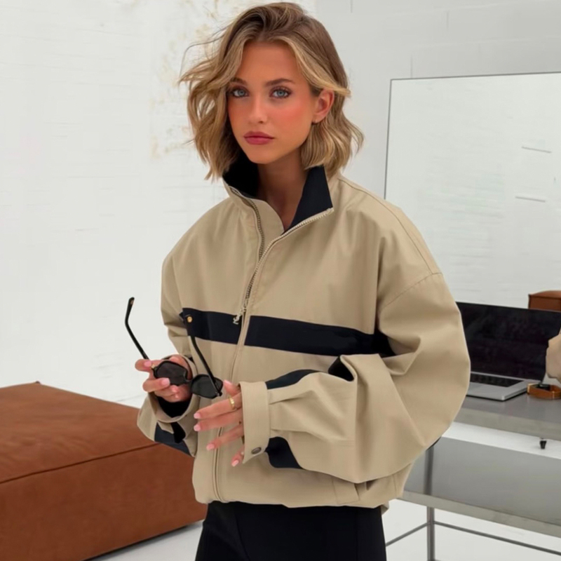 European and American Style Hot Girl Street Style Color-Blocking Loose Baseball Jacket Long-Sleeve Thin Casual Stand-Up Collar Jacket for Women in Autumn
