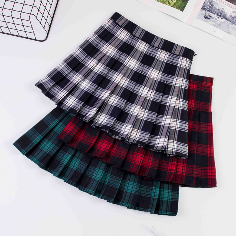 Red plaid pleated skirt women's autumn and winter a-line skirt oversize high-waisted green short skirt shows thin Korean-style skirt short