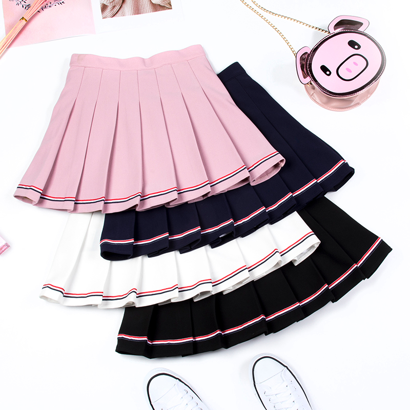 Rainbow pleated skirt women's summer 2020 new spring and autumn high-waisted a-line skirt college wind elastic waist anti-walking short skirt