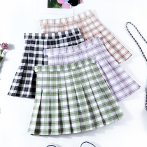 Avocado green plaid pleated skirt Short skirt Womens summer high waist wild a-line skirt Sweet little skirt skirt