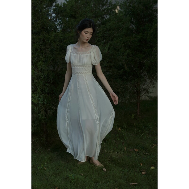 "Milosmemo" Silk French Fairy Dress, White Moonlight, Flowing and Cool, Lace High Waist, Slimming Effect
